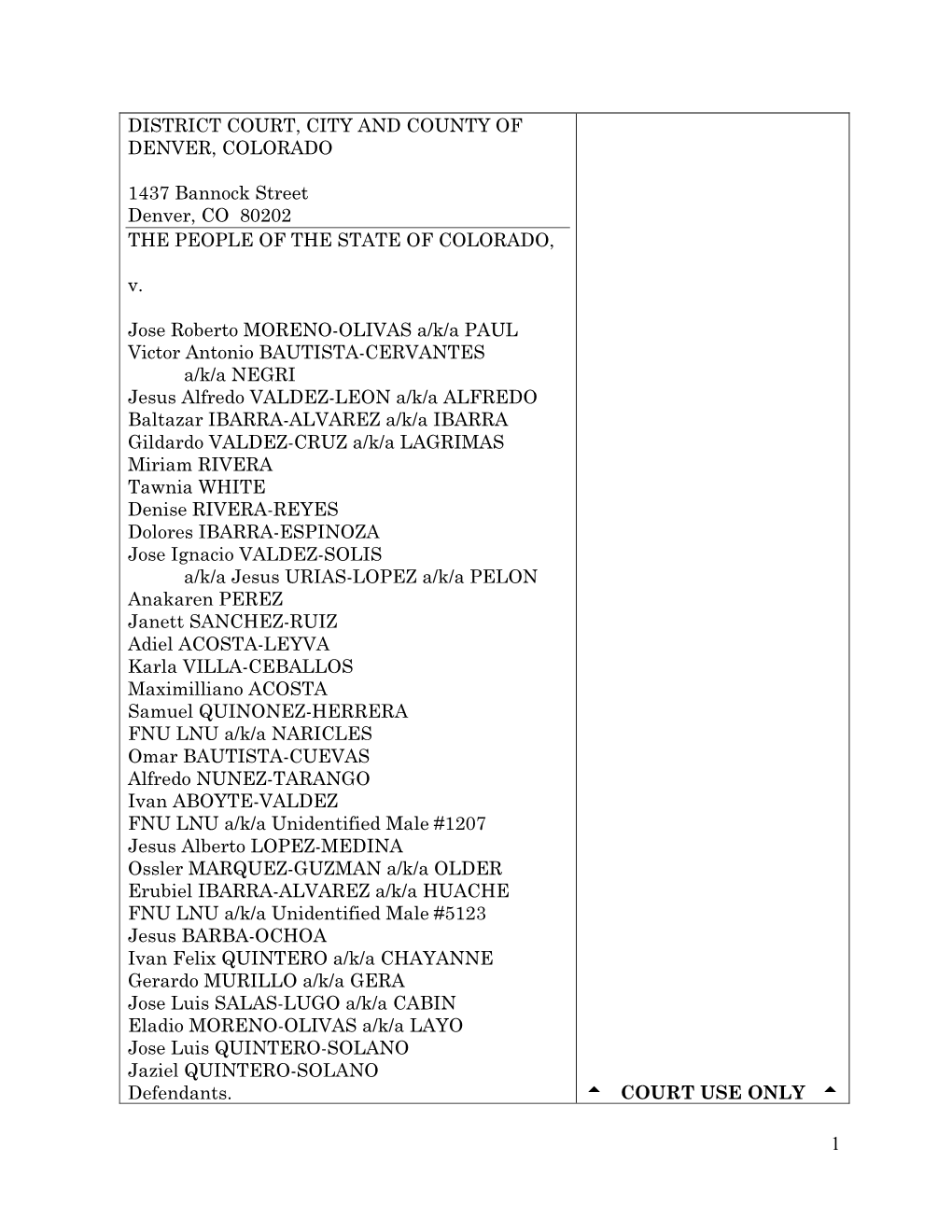 1 DISTRICT COURT, CITY and COUNTY of DENVER, COLORADO 1437 Bannock Street Denver, CO 80202 the PEOPLE of the STATE of COLORADO