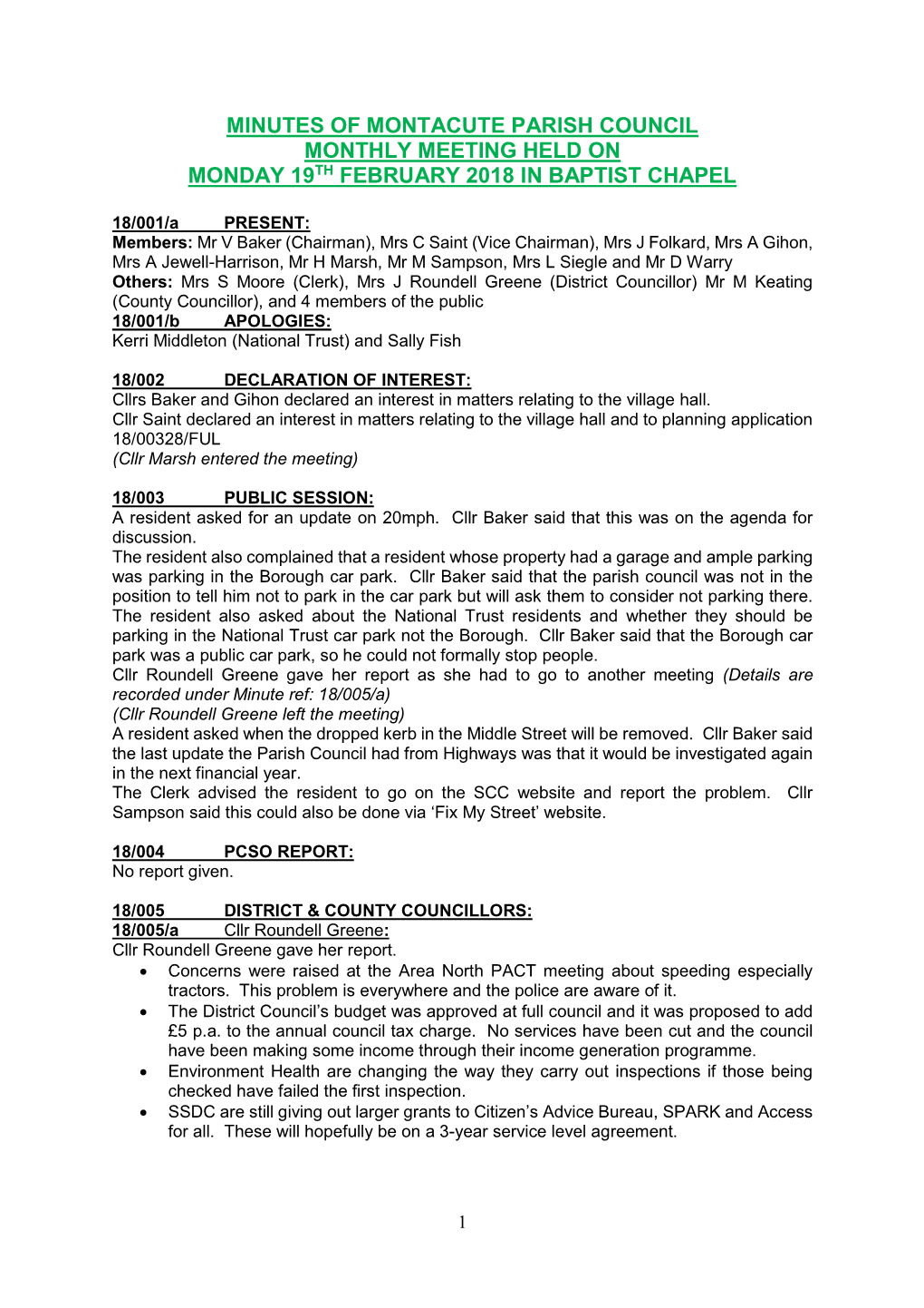 Minutes of Montacute Parish Council Monthly Meeting Held on Monday 19Th February 2018 in Baptist Chapel