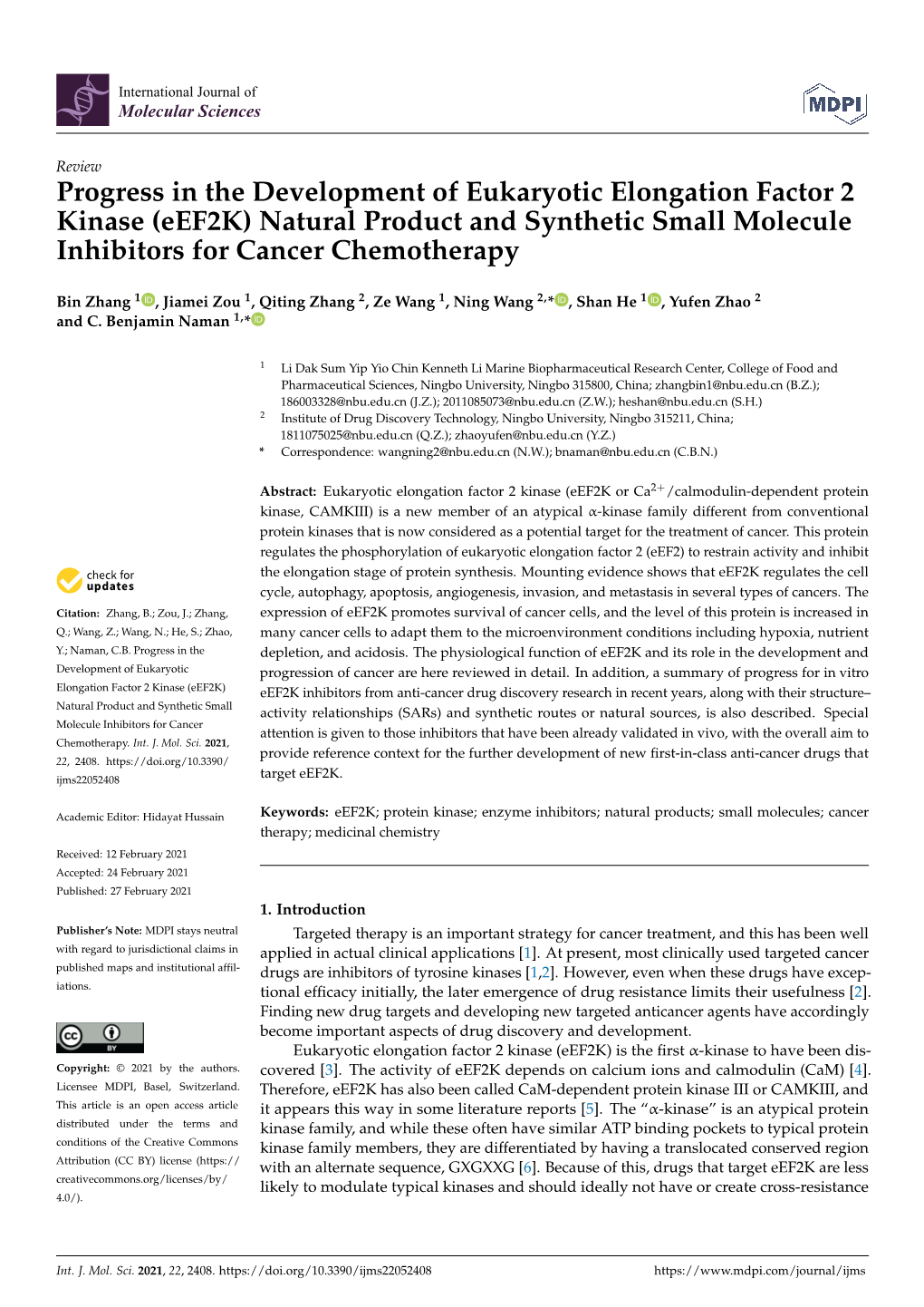 Eef2k) Natural Product and Synthetic Small Molecule Inhibitors for Cancer Chemotherapy