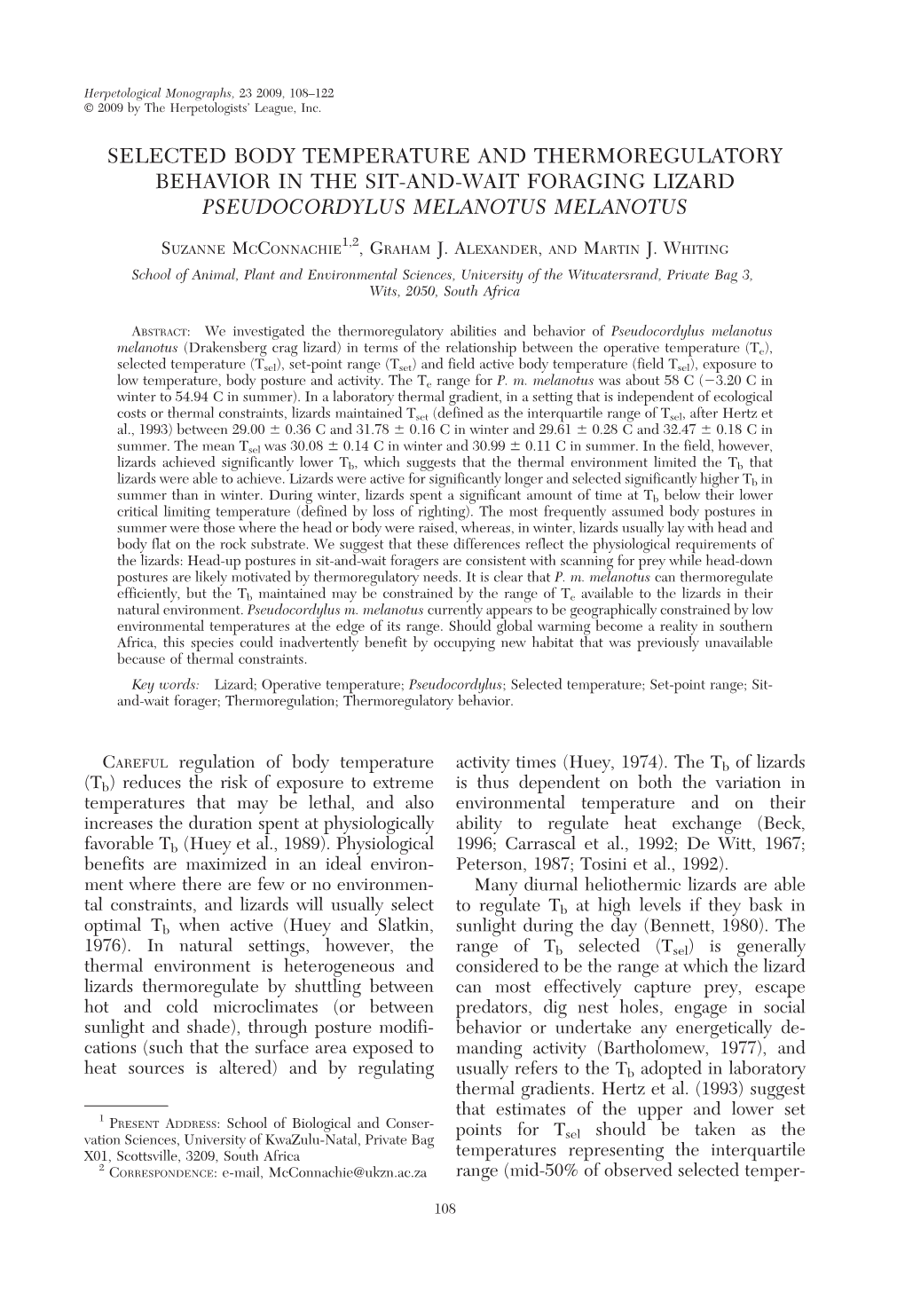 Selected Body Temperature and Thermoregulatory Behavior in the Sit-And-Wait Foraging Lizard Pseudocordylus Melanotus Melanotus