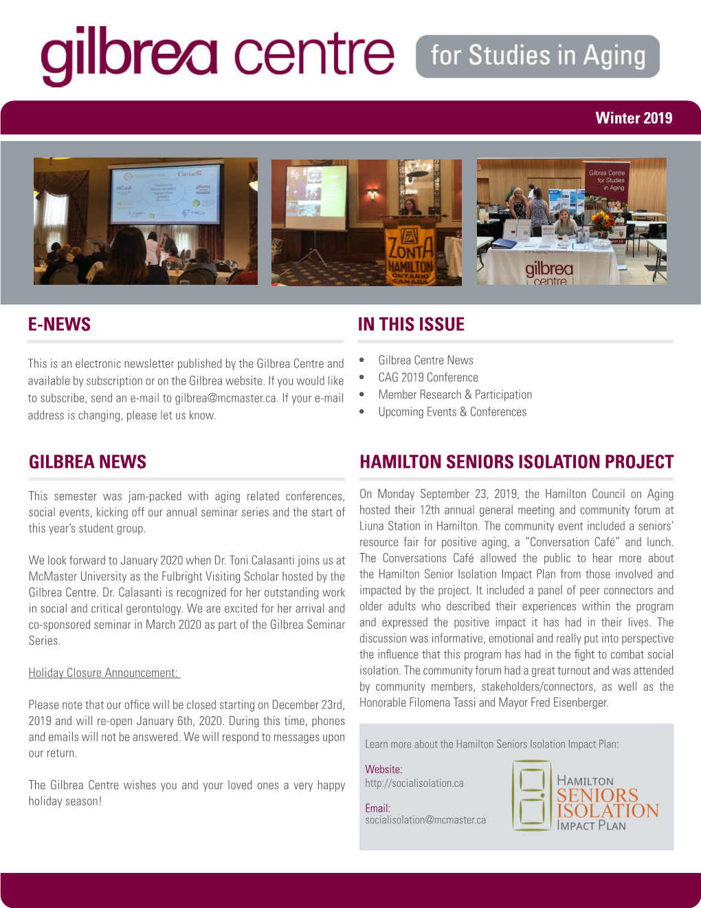 Gilbrea News E-News in This Issue Hamilton Seniors Isolation Project