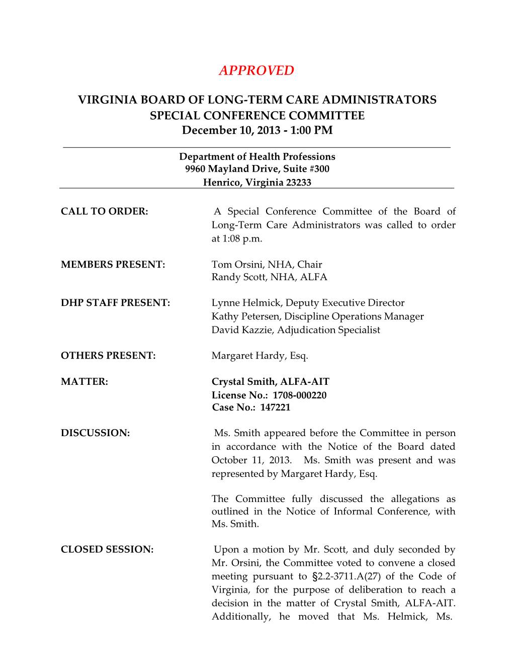 Virginia Board of Long-Term Care Administrators Special Conference Committee