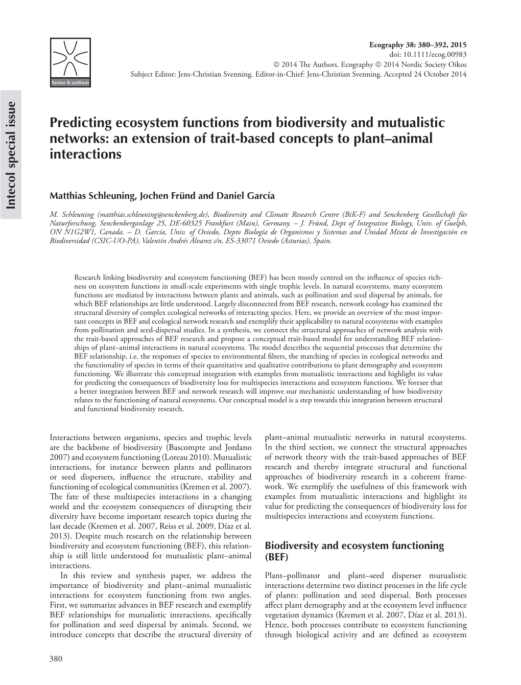 Predicting Ecosystem Functions from Biodiversity and Mutualistic Networks: an Extension of Trait-Based Concepts to Plant– Animal Interactions