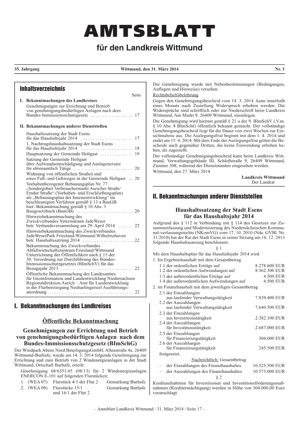 AMTSBLATT Für Den Landkreis Wittmund