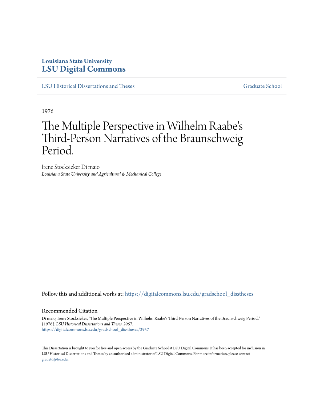 The Multiple Perspective in Wilhelm Raabe's Third-Person Narratives of the Braunschweig Period