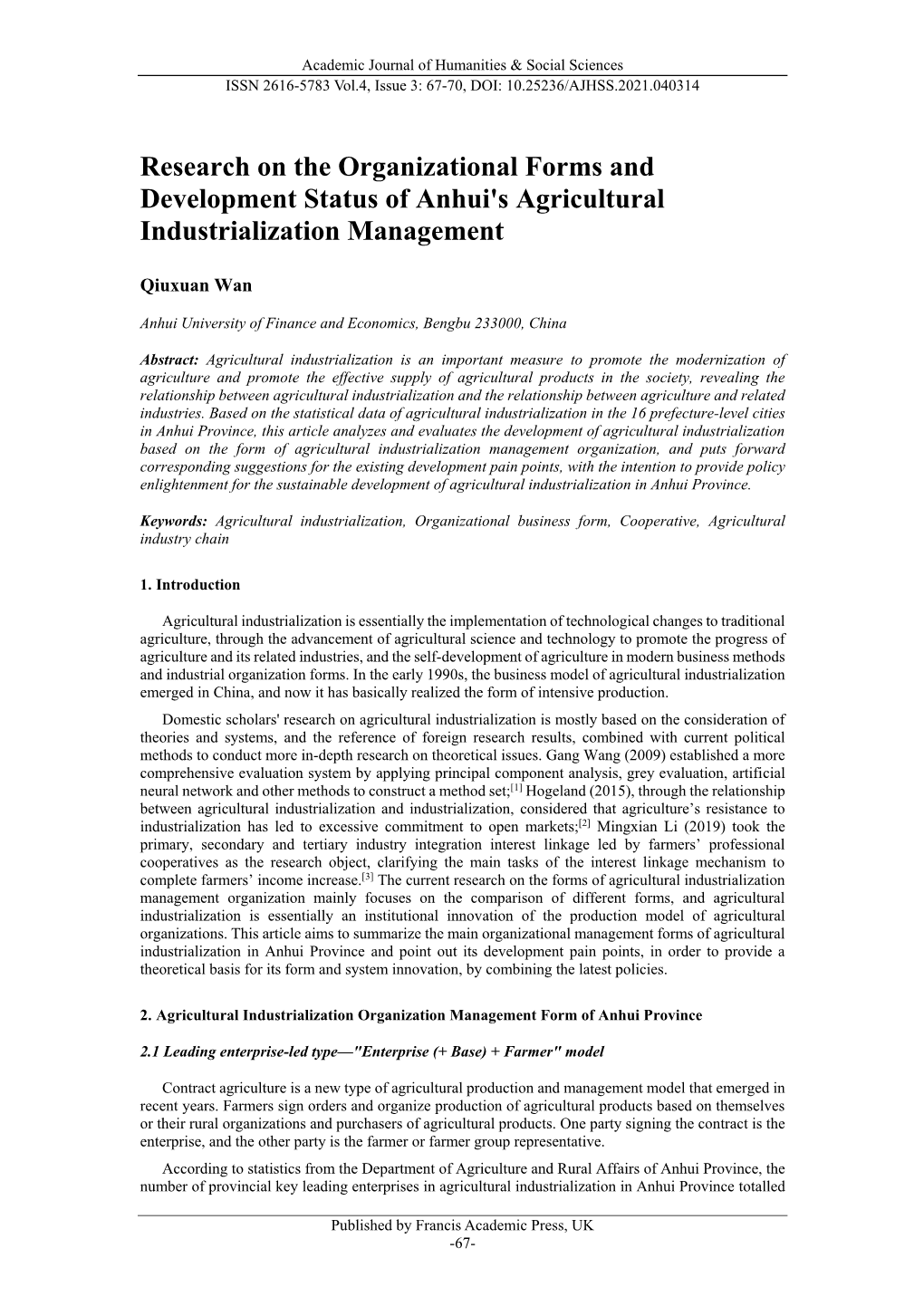 Research on the Organizational Forms and Development Status of Anhui's Agricultural Industrialization Management