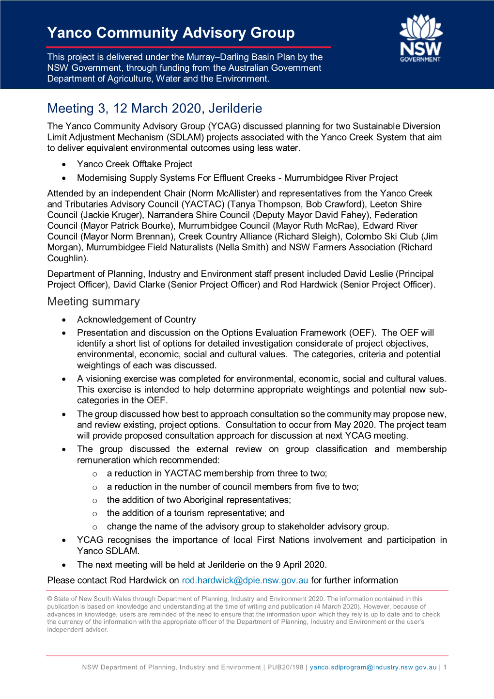 Yanco Technical Advisory Group Meeting 3, 12 March 2020, Jerilderie