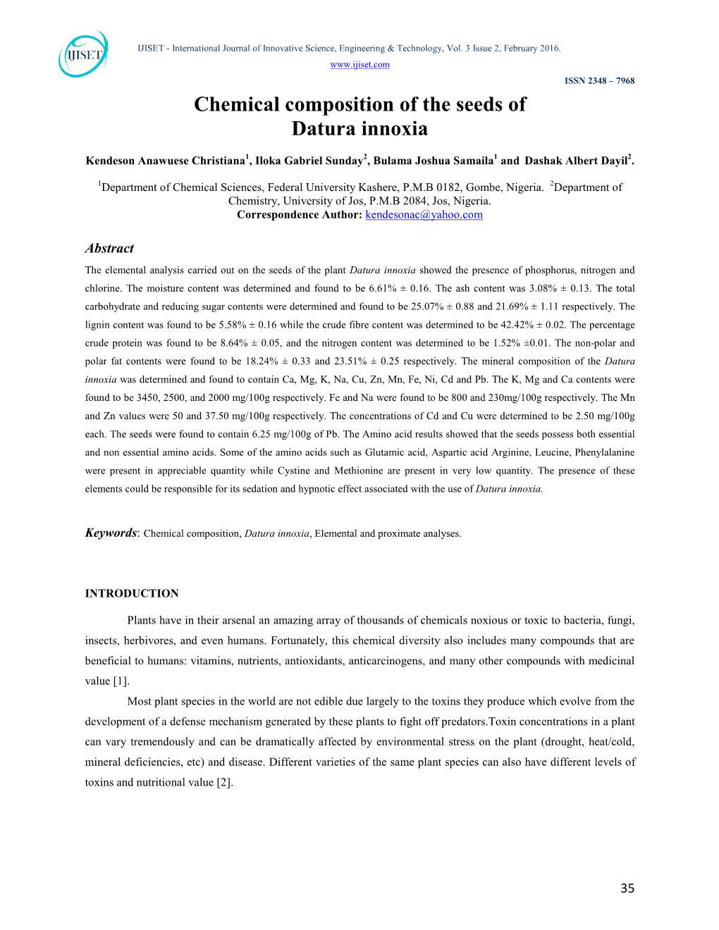 Chemical Composition of the Seeds of Datura Innoxia