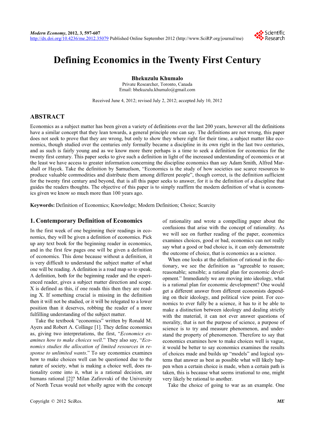 Defining Economics in the Twenty First Century