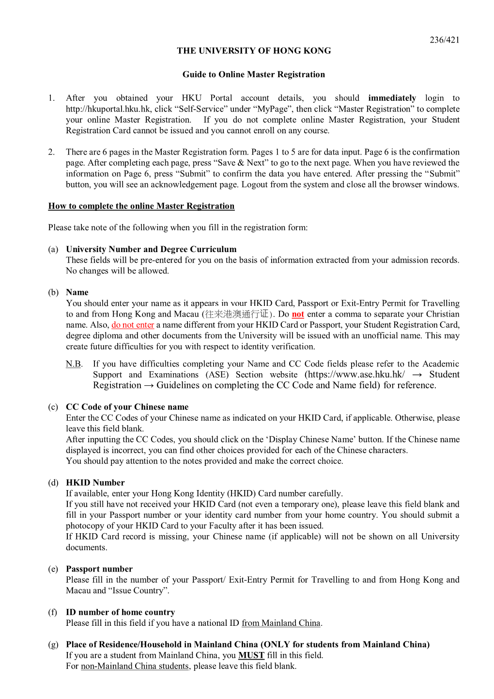 Registration → Guidelines on Completing the CC Code and Name Field) for Reference