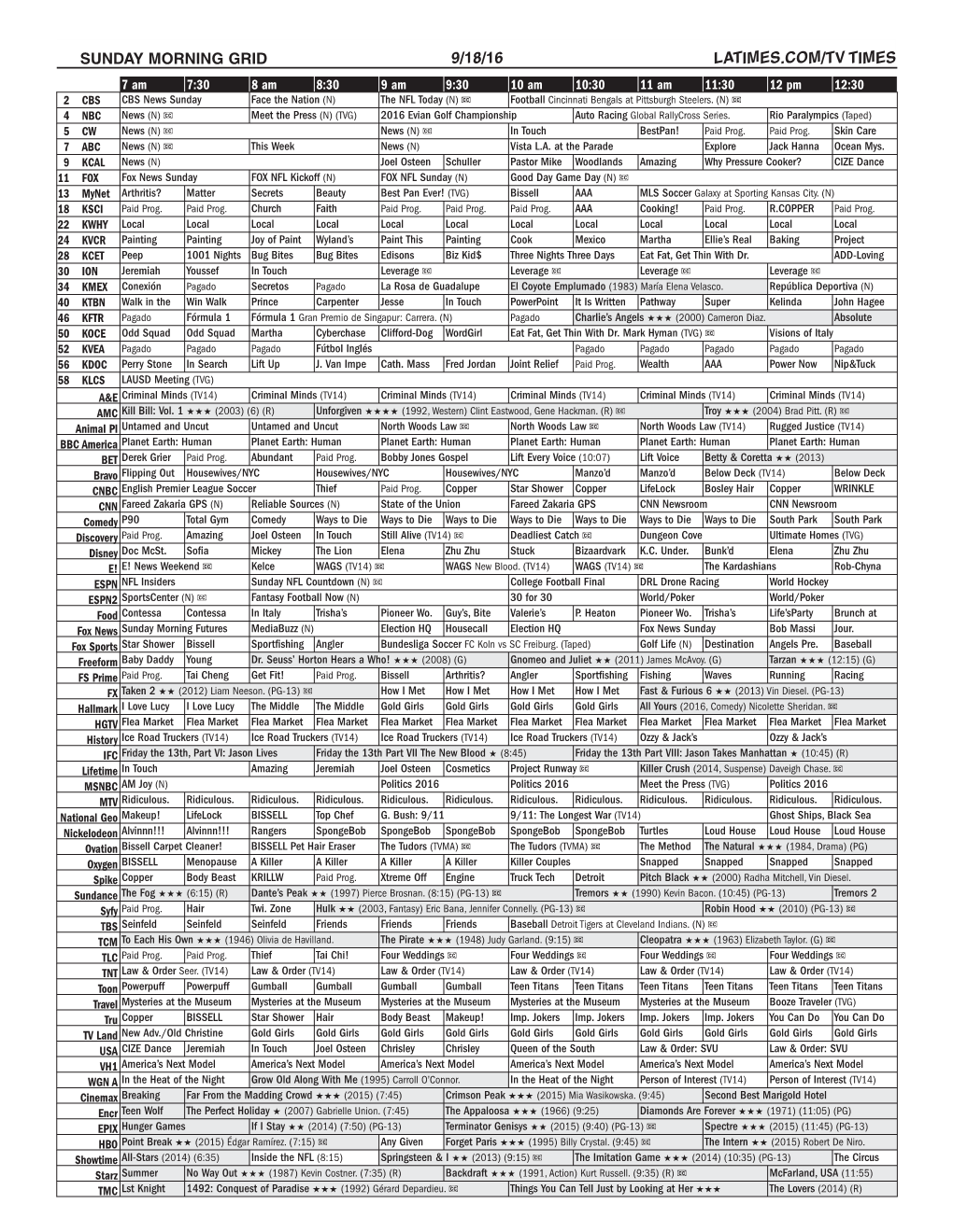 Sunday Morning Grid 9/18/16 Latimes.Com/Tv Times