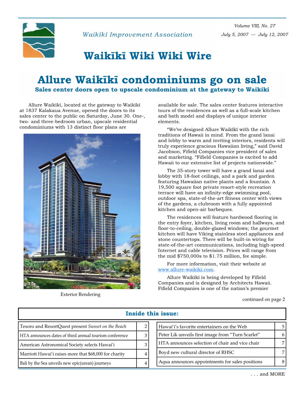 Allure Waikīkī Condominiums Go on Sale Sales Center Doors Open to Upscale Condominium at the Gateway to Waikiki