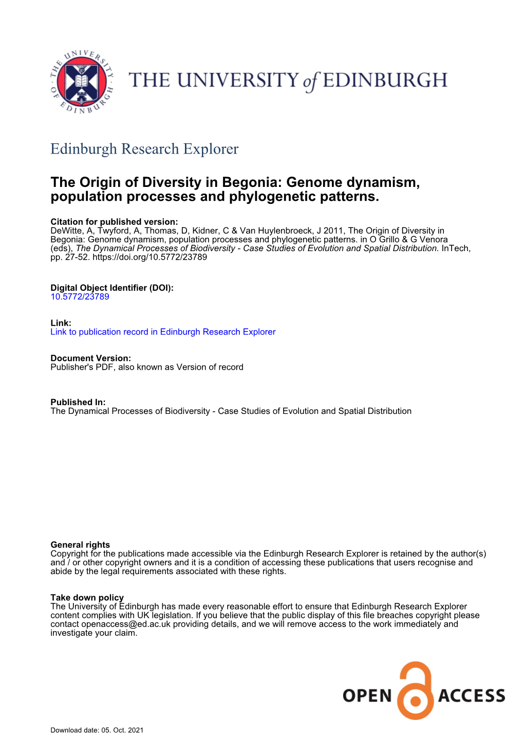 The Origin of Diversity in Begonia: Genome Dynamism, Population Processes and Phylogenetic Patterns