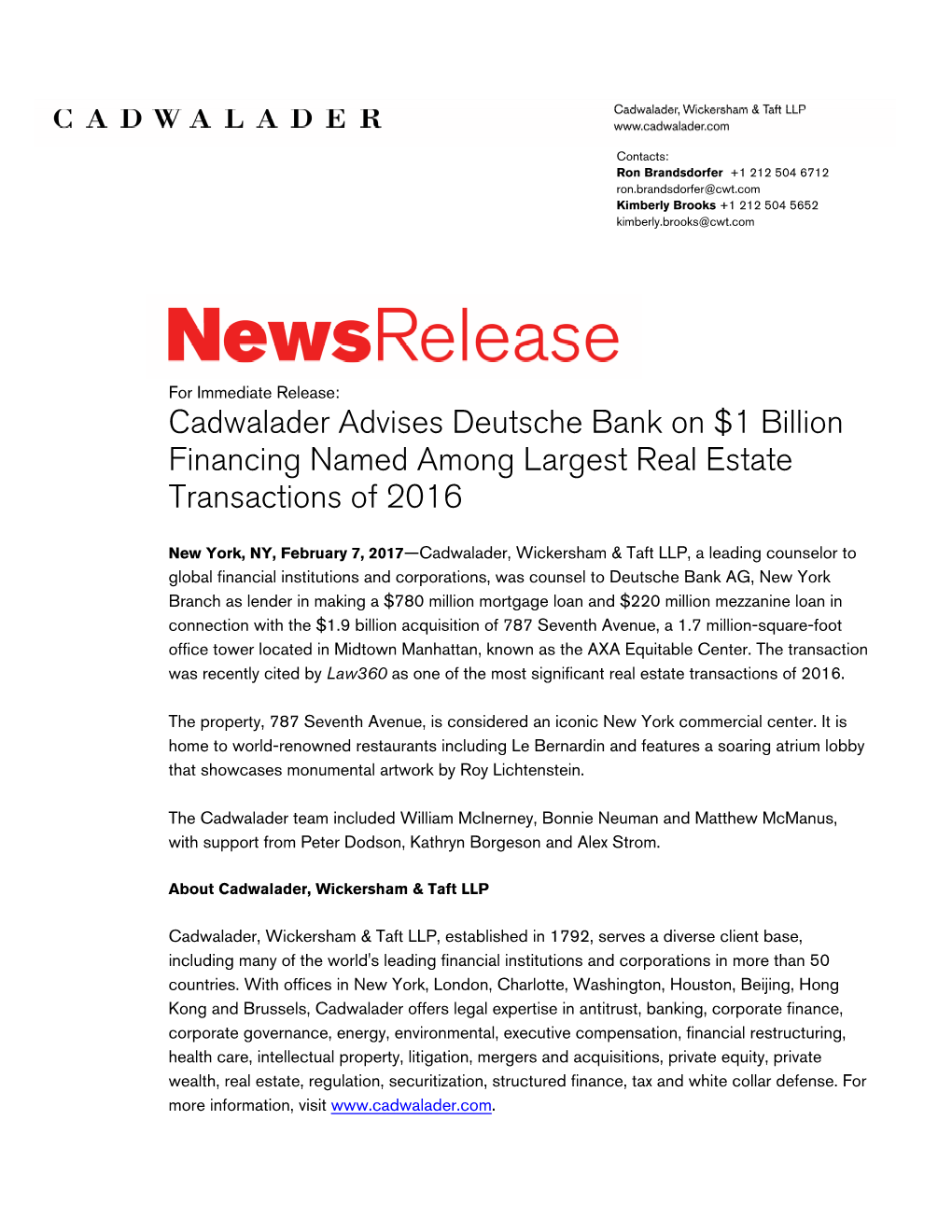 Cadwalader Advises Deutsche Bank on $1 Billion Financing Named Among Largest Real Estate Transactions of 2016