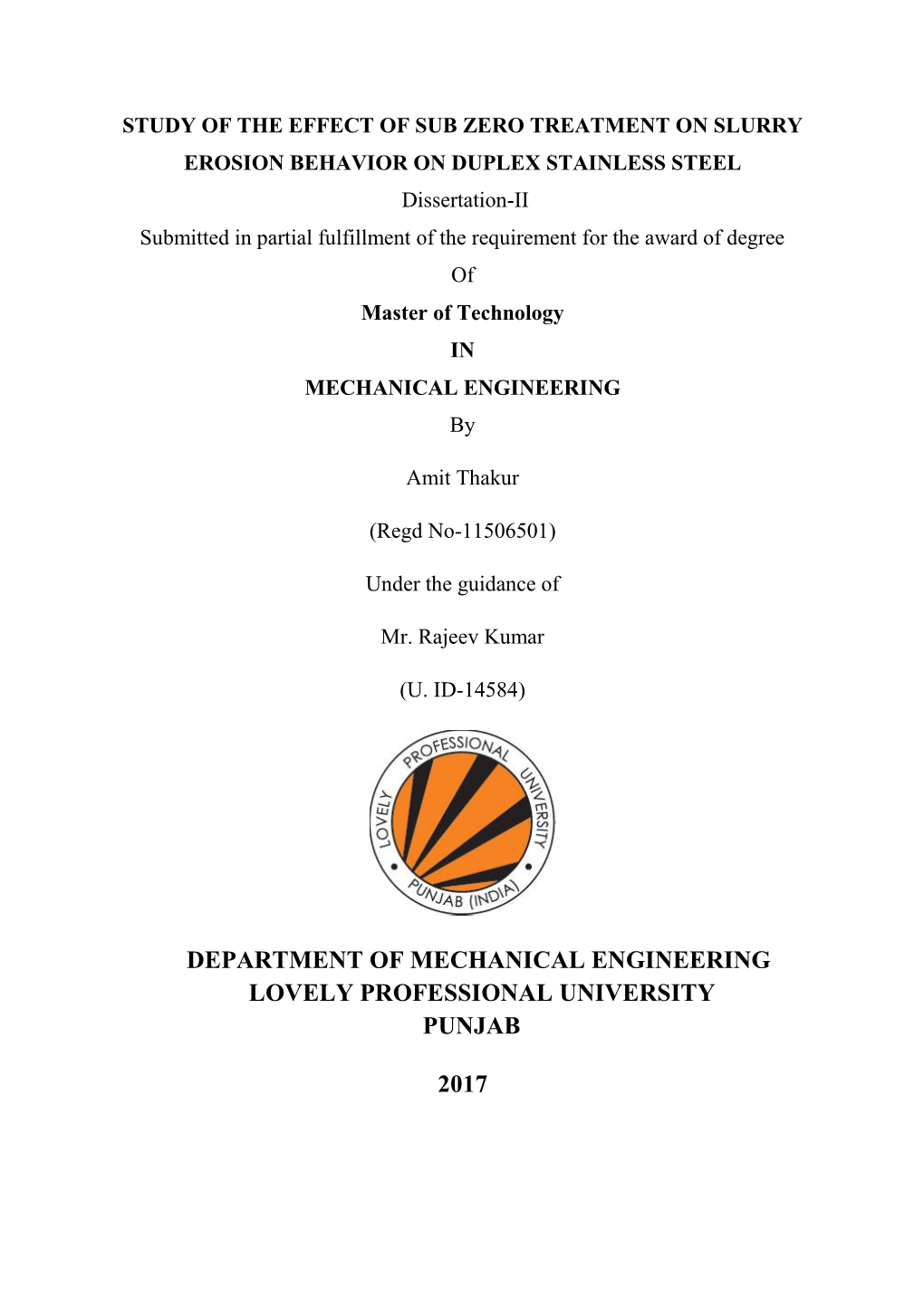 Department of Mechanical Engineering Lovely Professional University Punjab