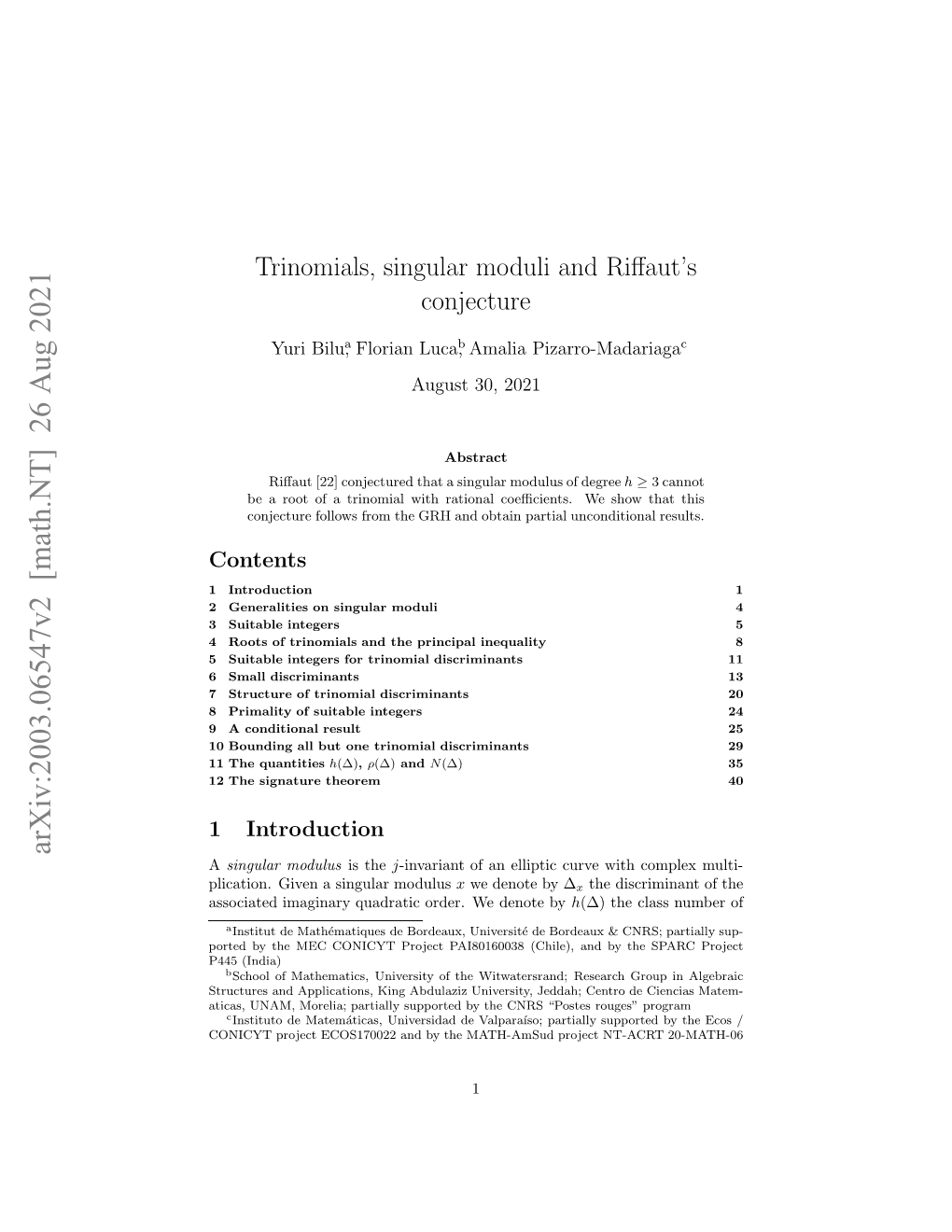 Trinomials, Singular Moduli and Riffaut's Conjecture