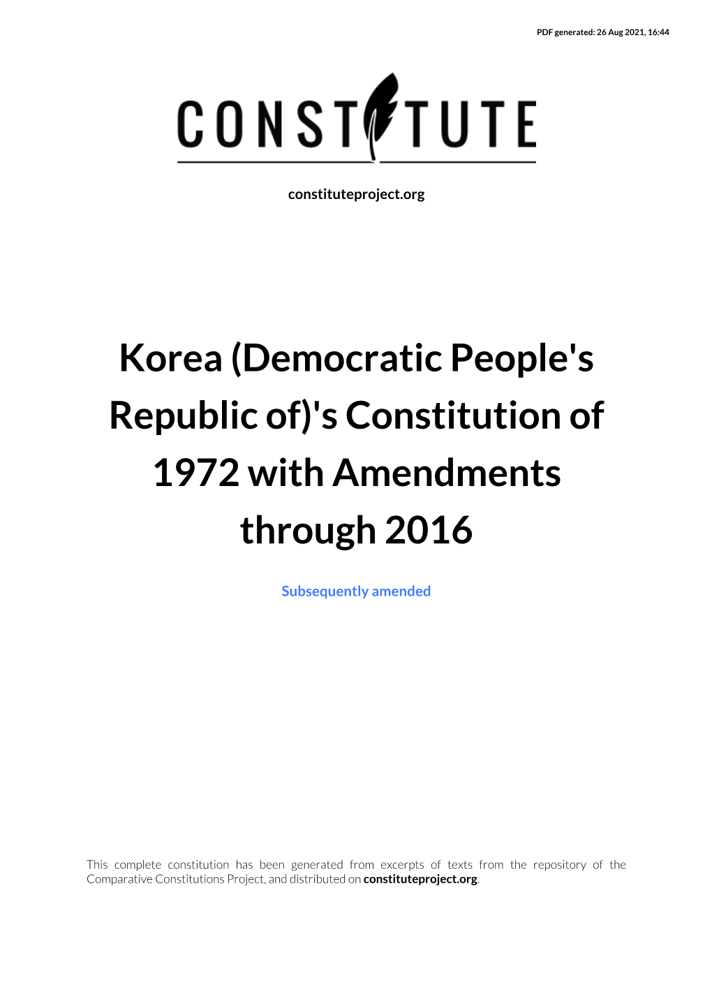 Korea (Democratic People's Republic Of)'S Constitution of 1972 with Amendments Through 2016
