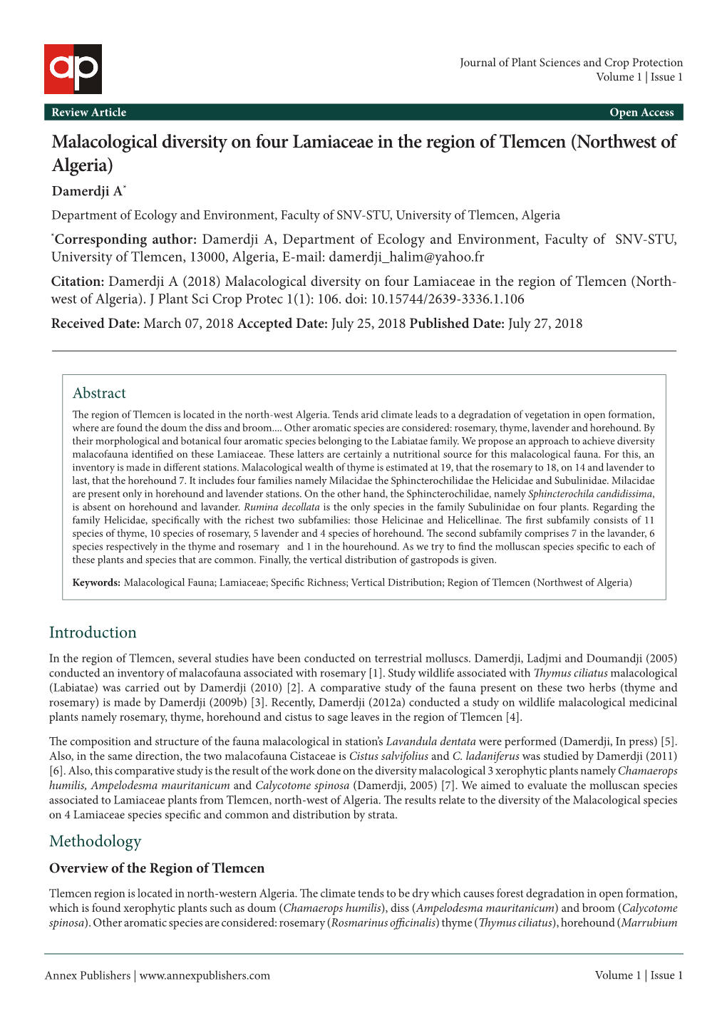 Malacological Diversity on Four Lamiaceae in the Region of Tlemcen