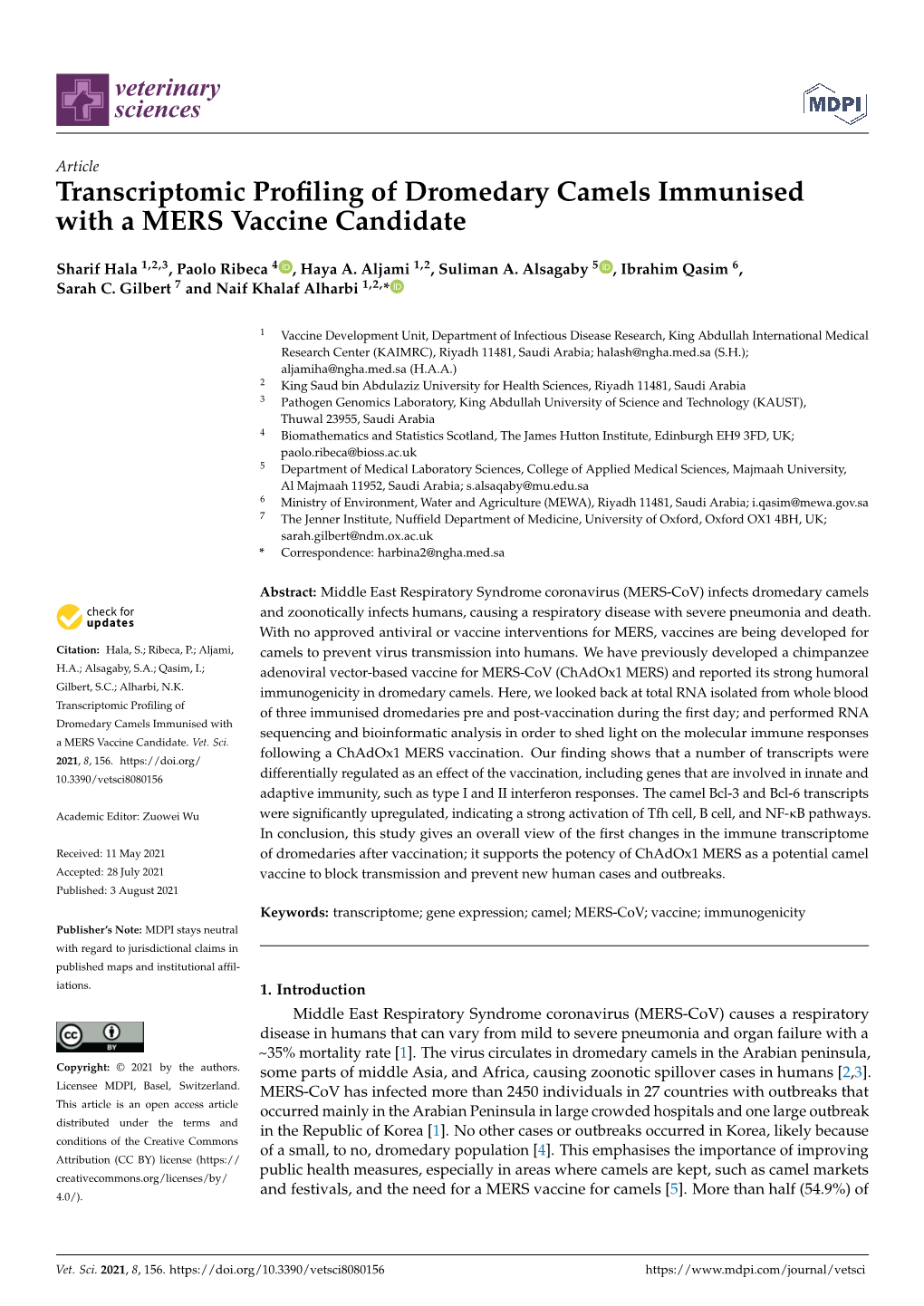 Transcriptomic Profiling of Dromedary Camels Immunised with a MERS