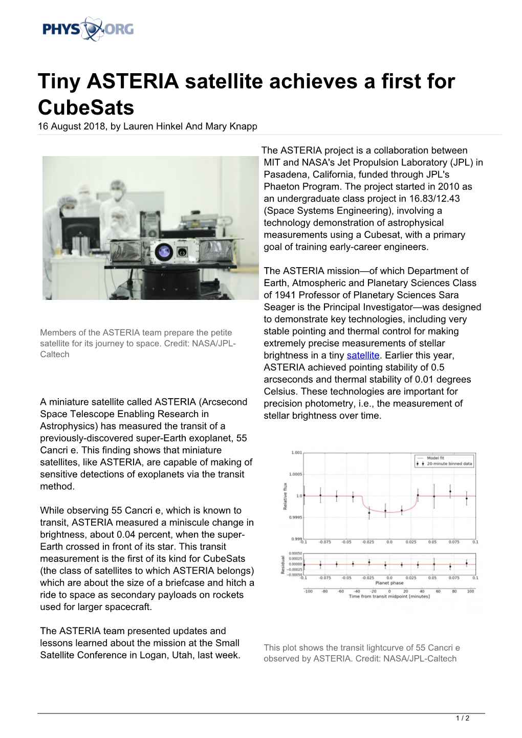 Tiny ASTERIA Satellite Achieves a First for Cubesats 16 August 2018, by Lauren Hinkel and Mary Knapp