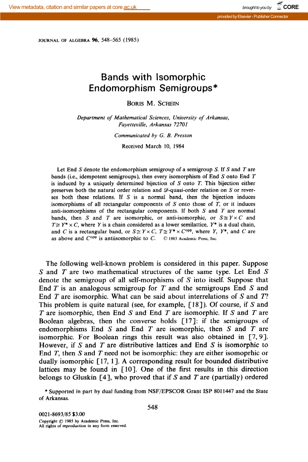 Bands with Isomorphic Endomorphism Semigroups* BORISM