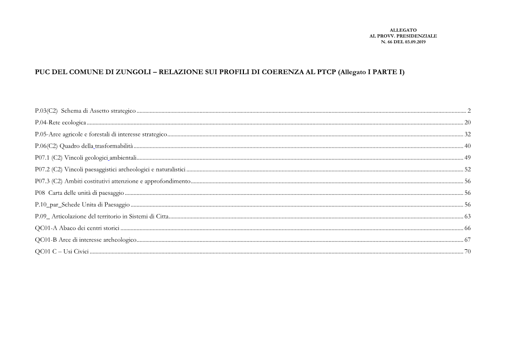 PUC DEL COMUNE DI ZUNGOLI – RELAZIONE SUI PROFILI DI COERENZA AL PTCP (Allegato I PARTE I)