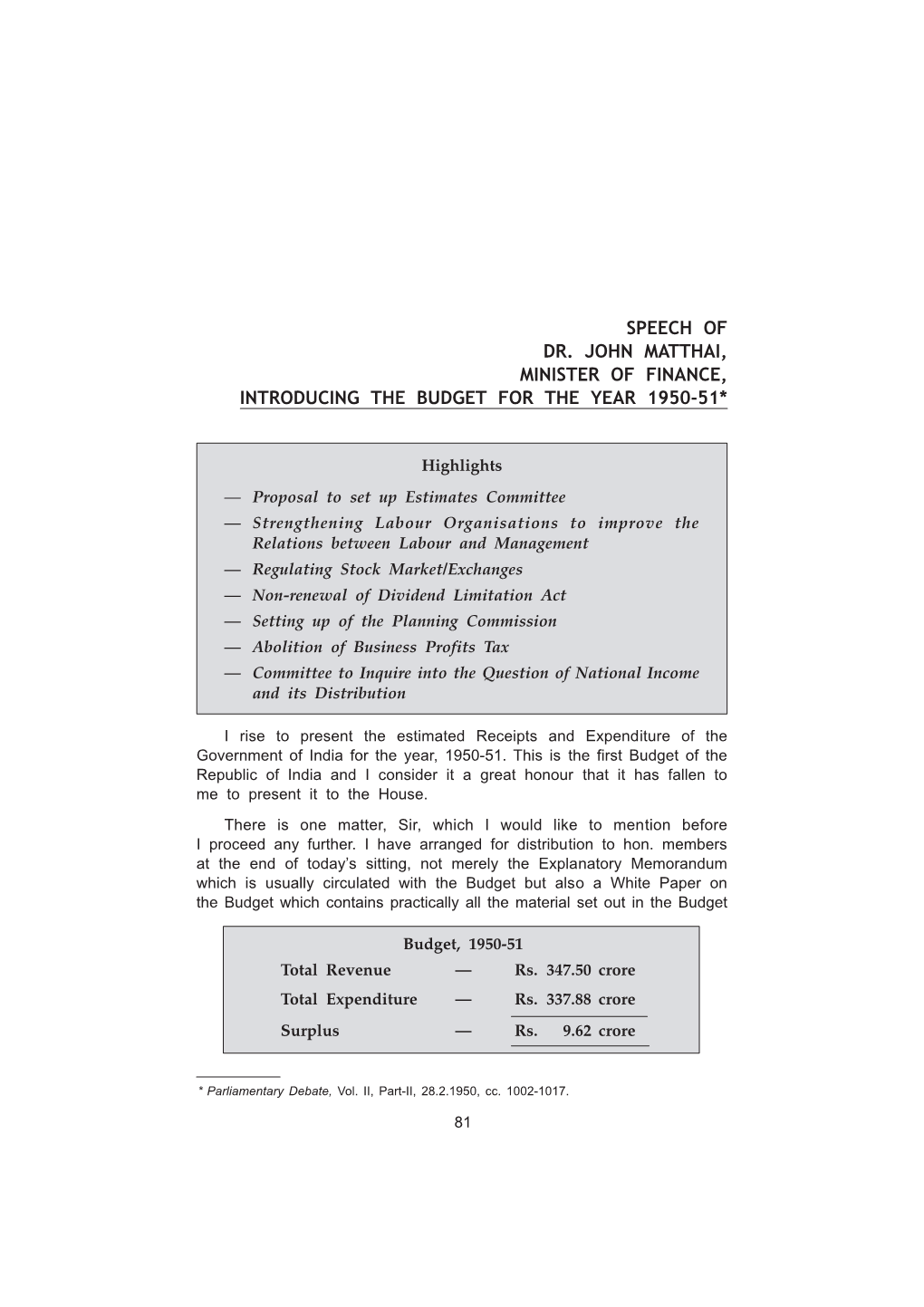 Budget Speech 28 February 1950-51