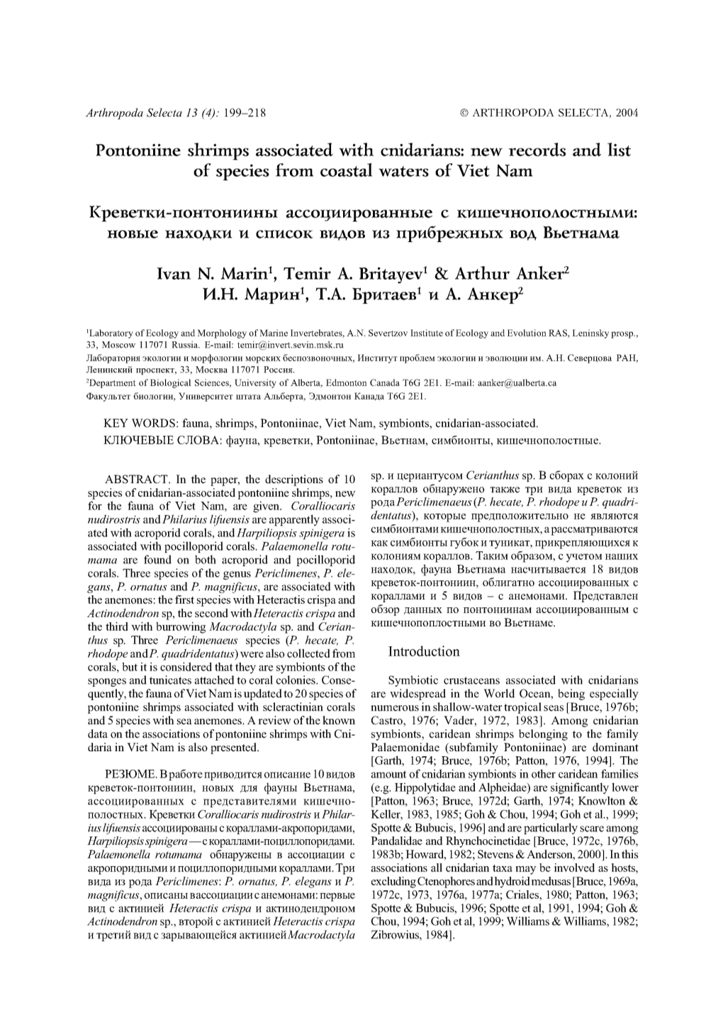 Pontoniine Shrimps Associated with Cnidarians: New Records and Hst of Species from Coastal Waters of Viet Nam