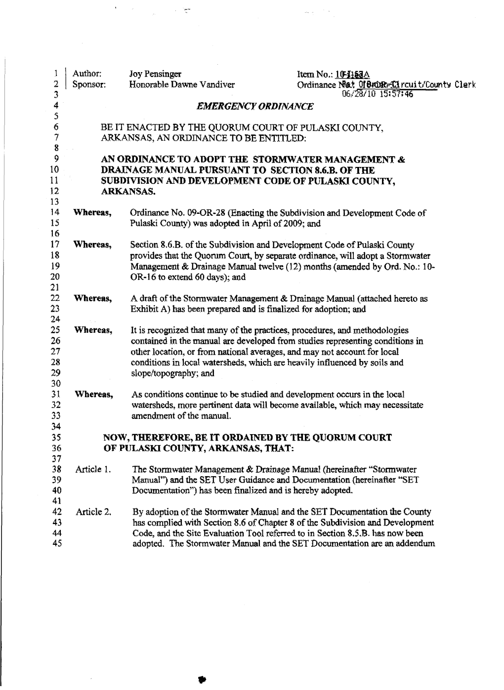 Stormwater Management and Drainage Manual for the Lake Maumelle Drainage Basin Pulaski County, Arkansas