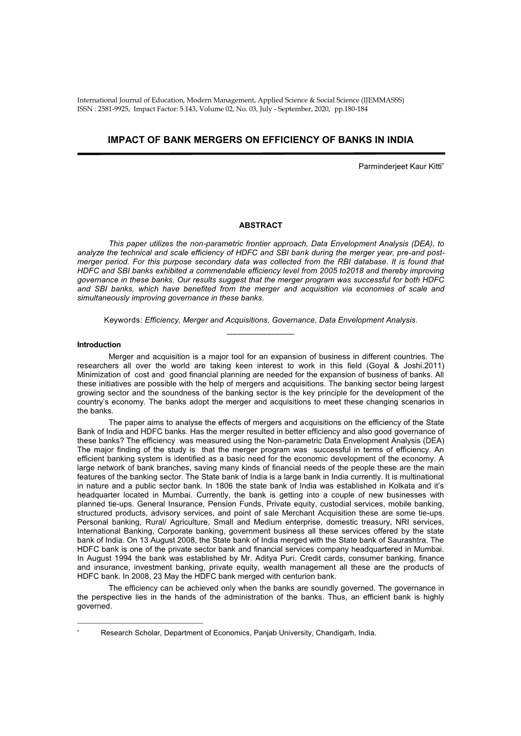 Impact of Bank Mergers on Efficiency of Banks in India