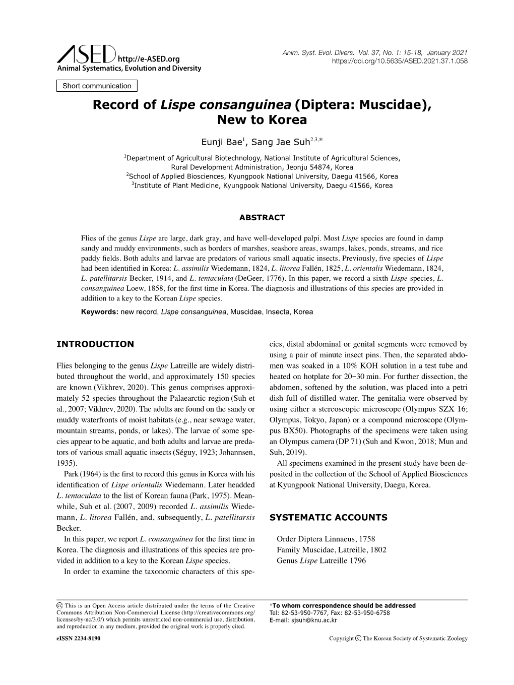 Record of Lispe Consanguinea (Diptera: Muscidae), New to Korea