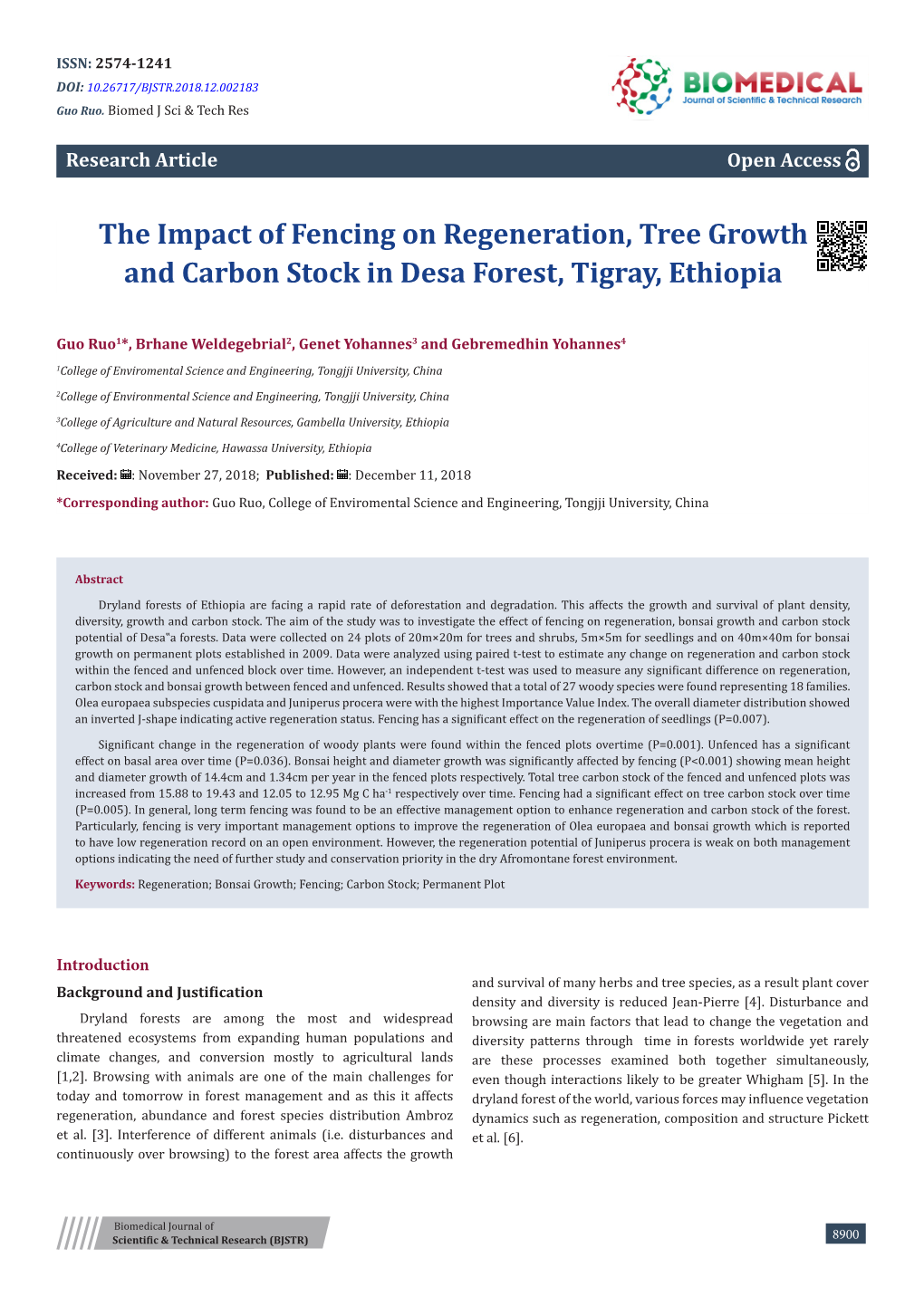 The Impact of Fencing on Regeneration, Tree Growth and Carbon Stock in Desa Forest, Tigray, Ethiopia