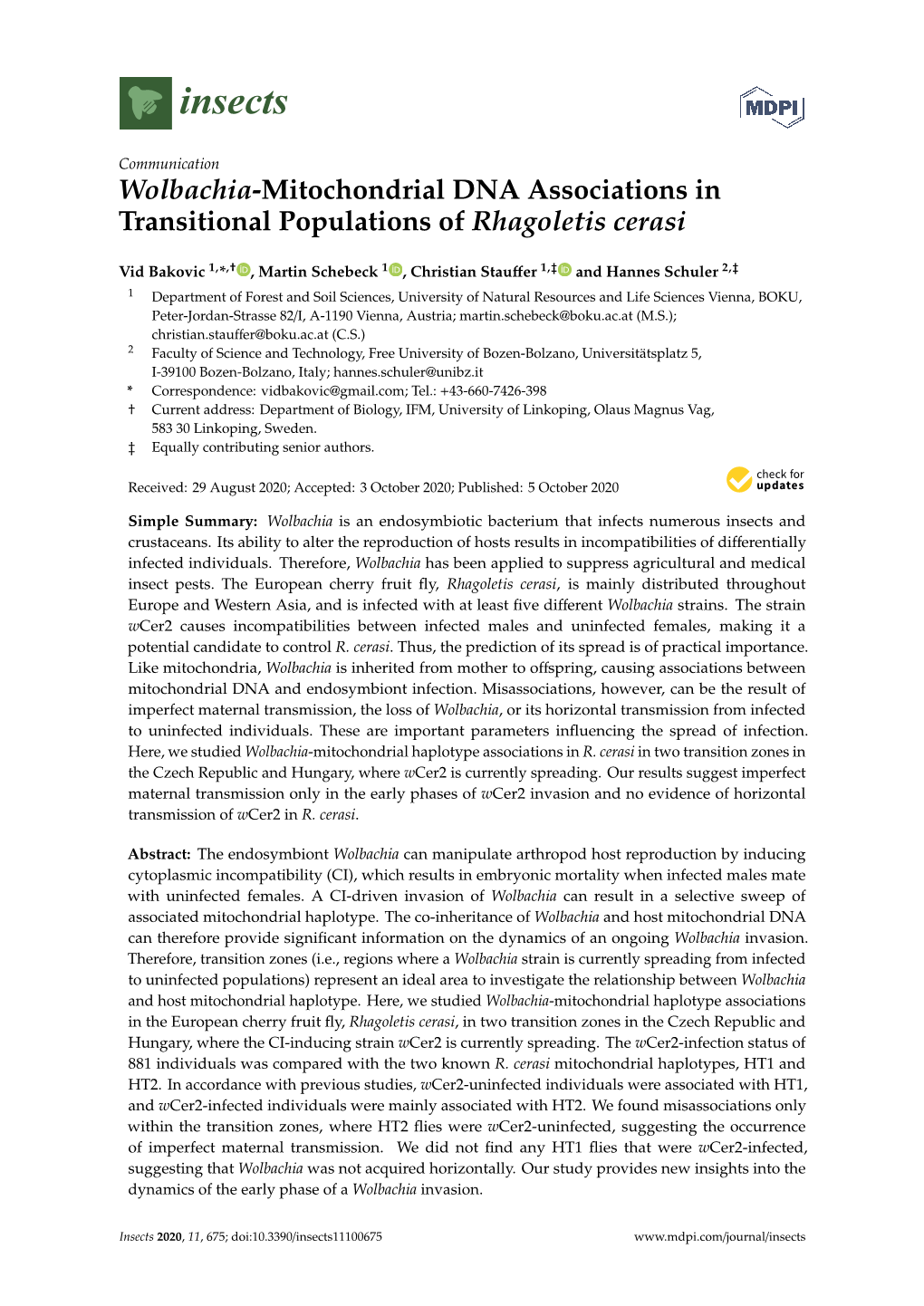 Wolbachia-Mitochondrial DNA Associations in Transitional Populations of Rhagoletis Cerasi