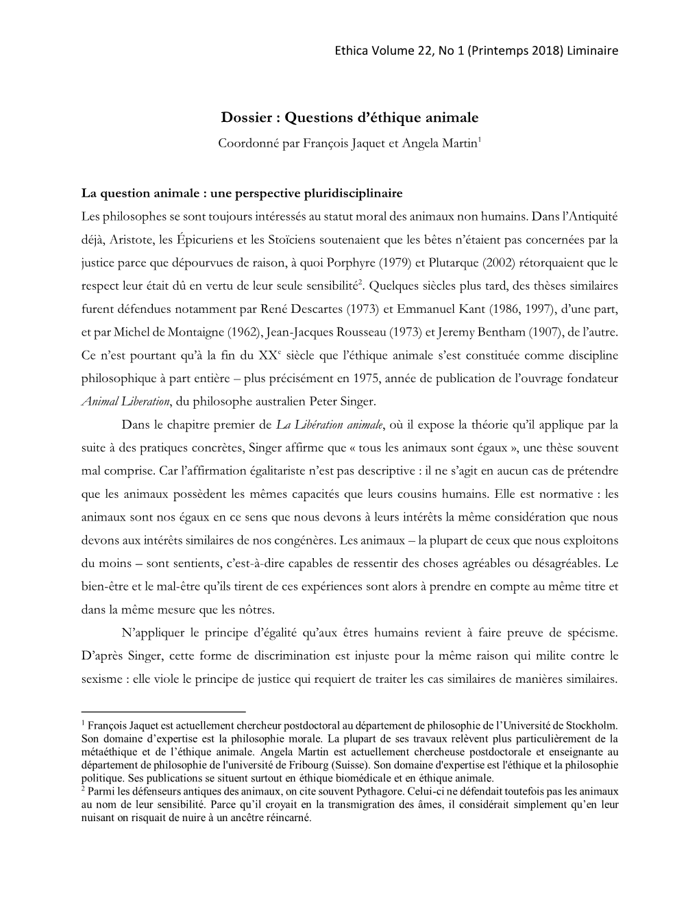 Dossier : Questions D'éthique Animale