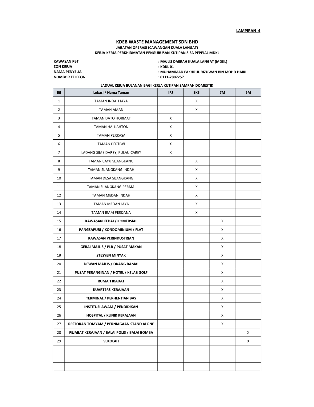 Kdeb Waste Management Sdn Bhd Jabatan Operasi (Cawangan Kuala Langat) Kerja-Kerja Perkhidmatan Pengurusan Kutipan Sisa Pepejal Mdkl