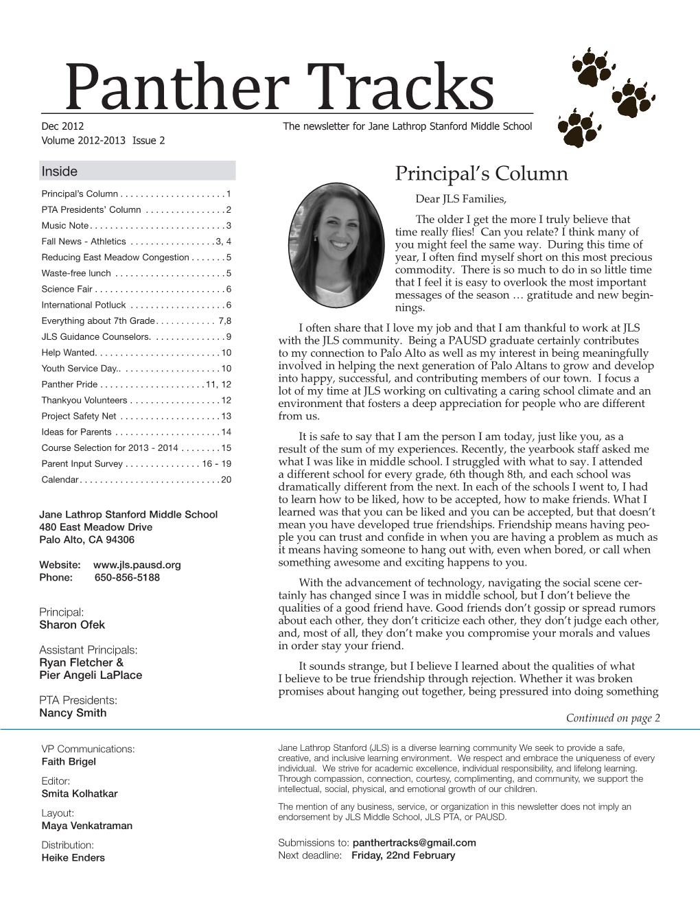 Panther Tracks Dec 2012 the Newsletter for Jane Lathrop Stanford Middle School Volume 2012-2013 Issue 2