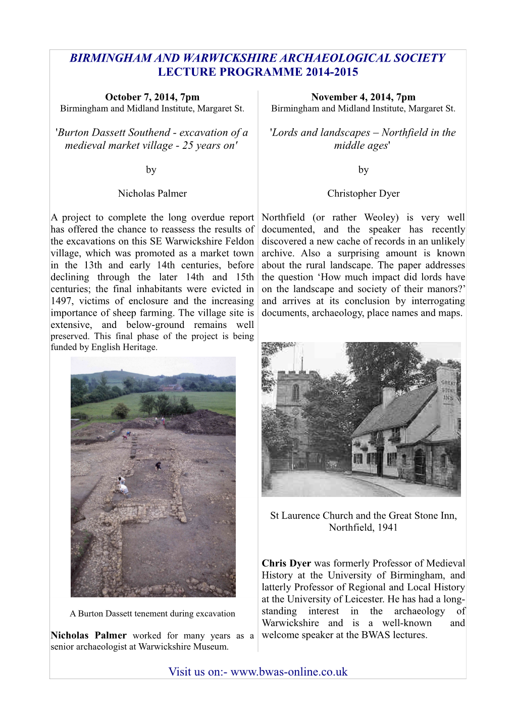 Birmingham and Warwickshire Archaeological Society Lecture Programme 2014-2015