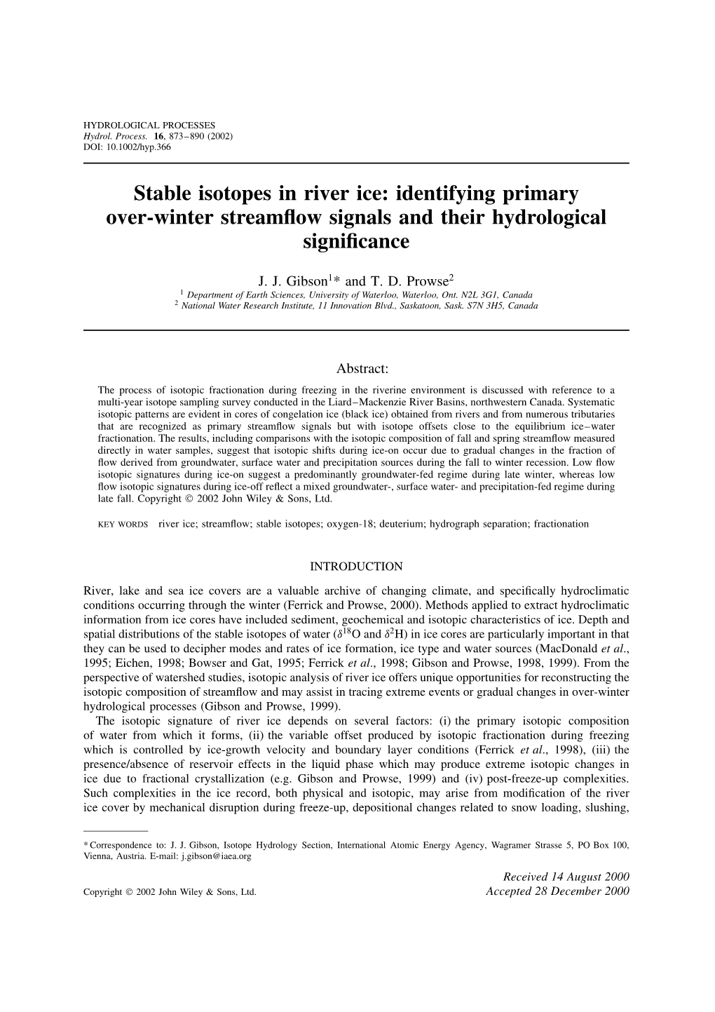 Stable Isotopes in River Ice: Identifying Primary Over-Winter Streamflow