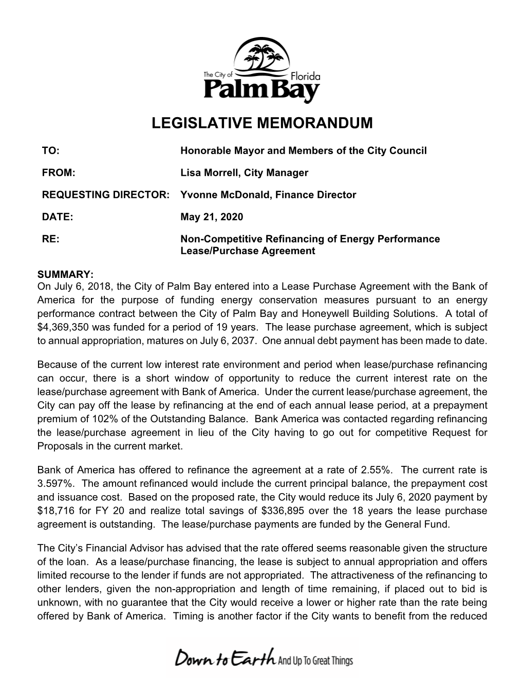 Non-Competitive Refinancing of Energy Performance Lease/Purchase Agreement