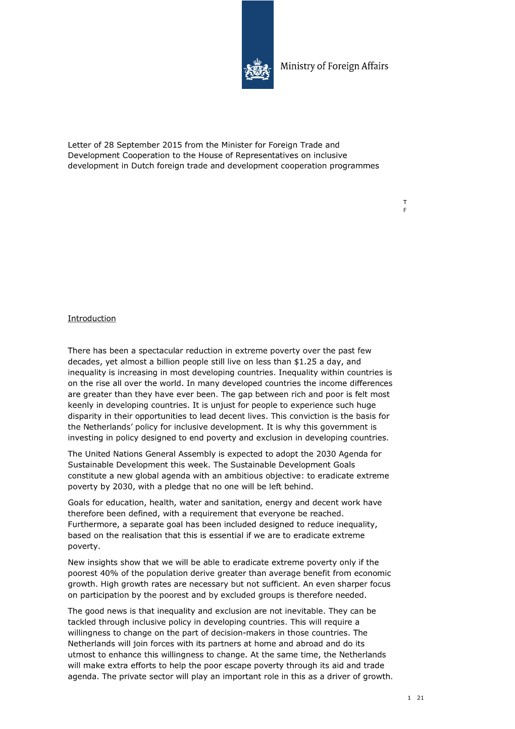 Letter of 28 September 2015 from the Minister for Foreign Trade And