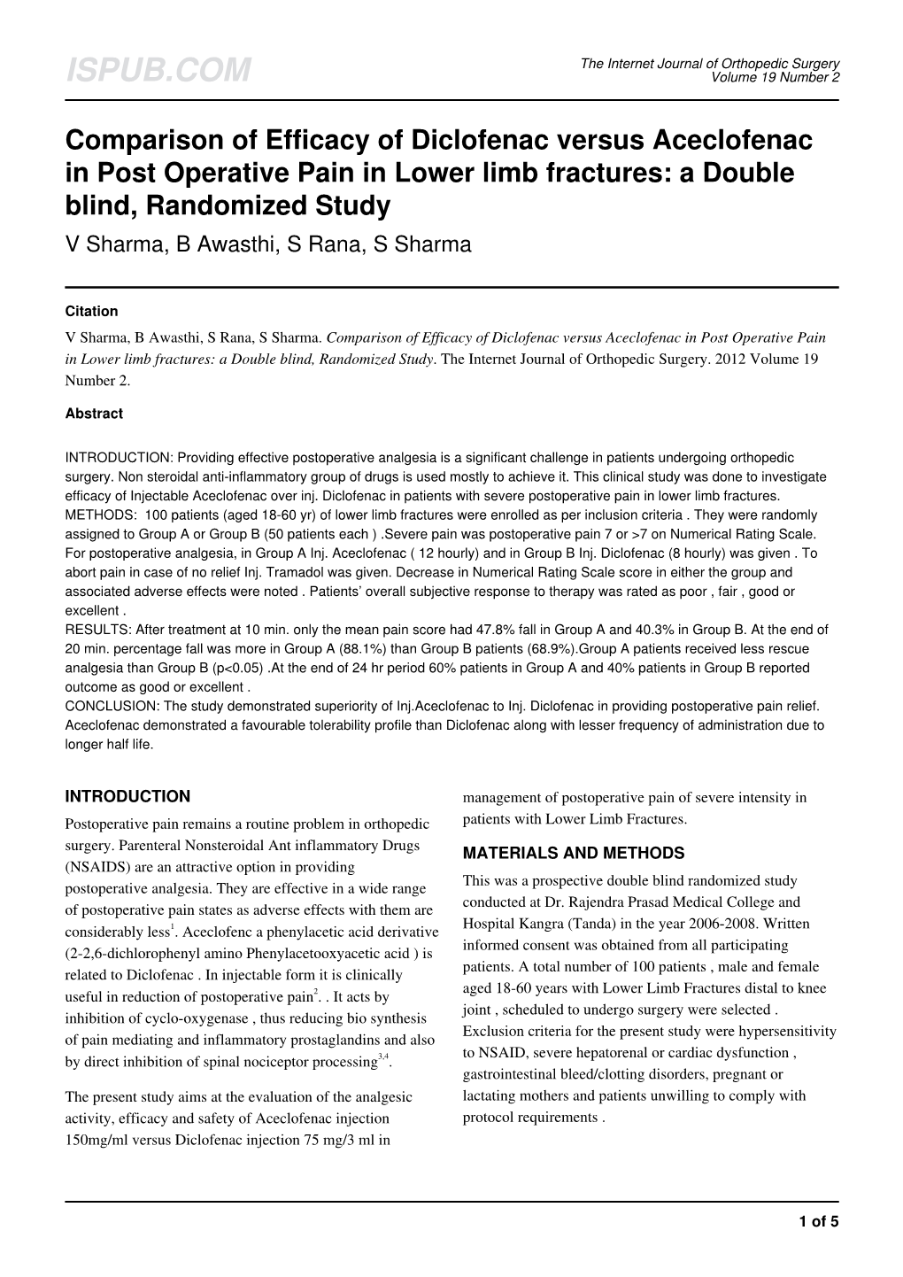 Comparison of Efficacy of Diclofenac Versus Aceclofenac