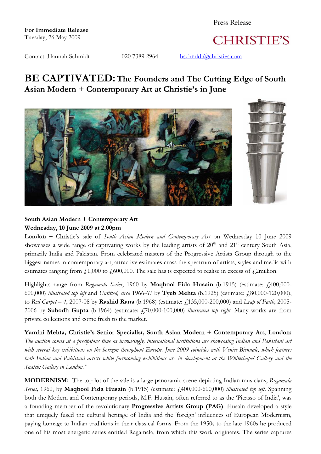 BE CAPTIVATED:The Founders and the Cutting Edge of South Asian Modern + Contemporary Art at Christie's in June