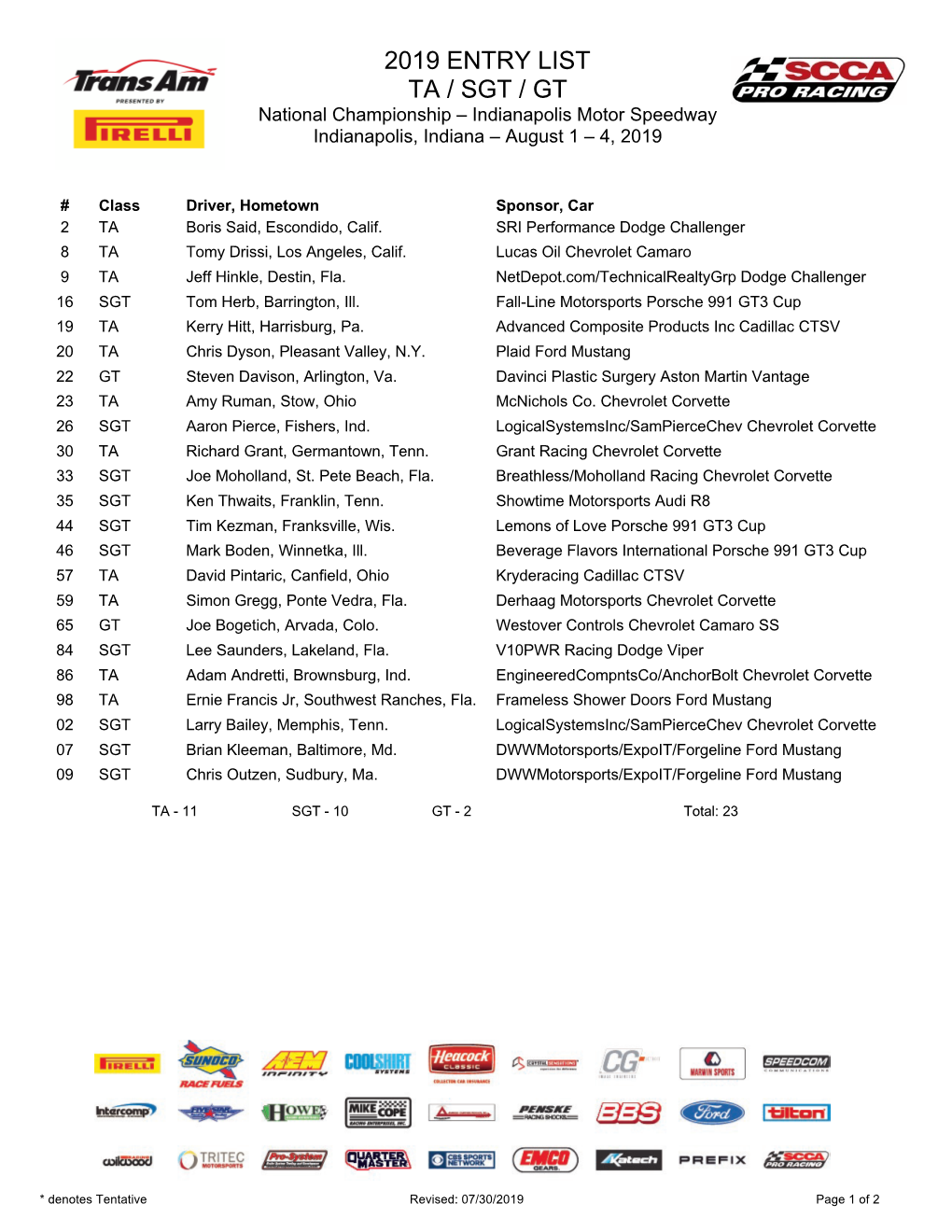 2019 ENTRY LIST TA / SGT / GT National Championship – Indianapolis Motor Speedway Indianapolis, Indiana – August 1 – 4, 2019