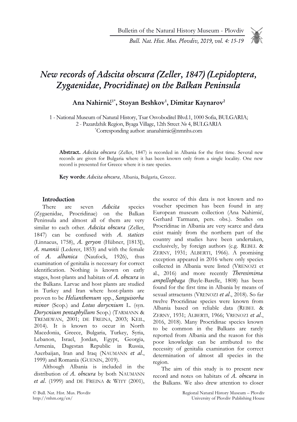 New Records of Adscita Obscura (Zeller, 1847) (Lepidoptera, Zygaenidae, Procridinae) on the Balkan Peninsula