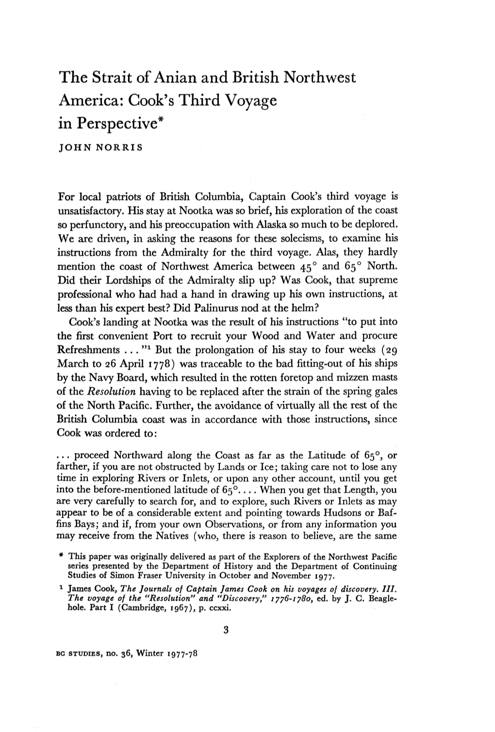 The Strait of Anian and British Northwest America: Cook's Third Voyage in Perspective*