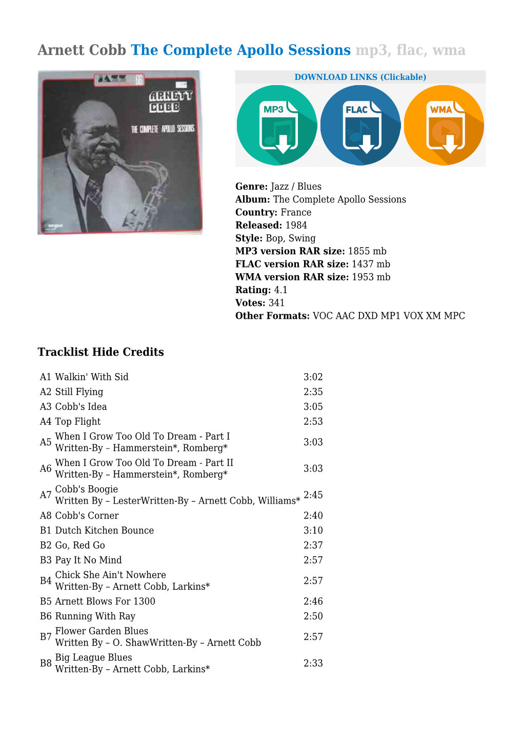 Arnett Cobb the Complete Apollo Sessions Mp3, Flac, Wma