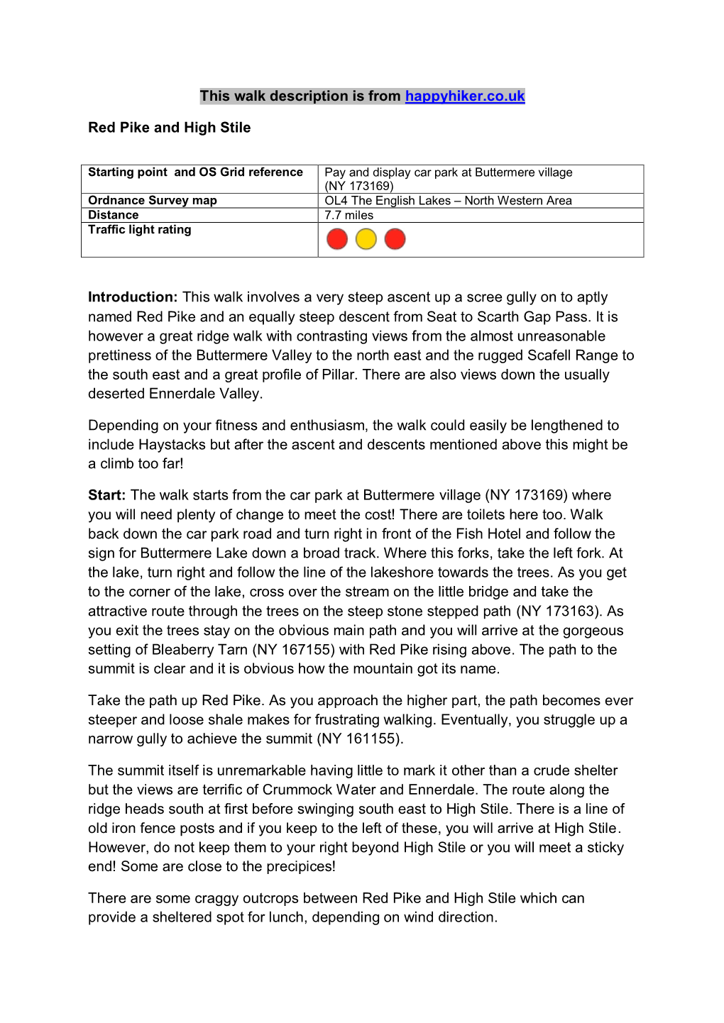 This Walk Description Is from Happyhiker.Co.Uk Red Pike And