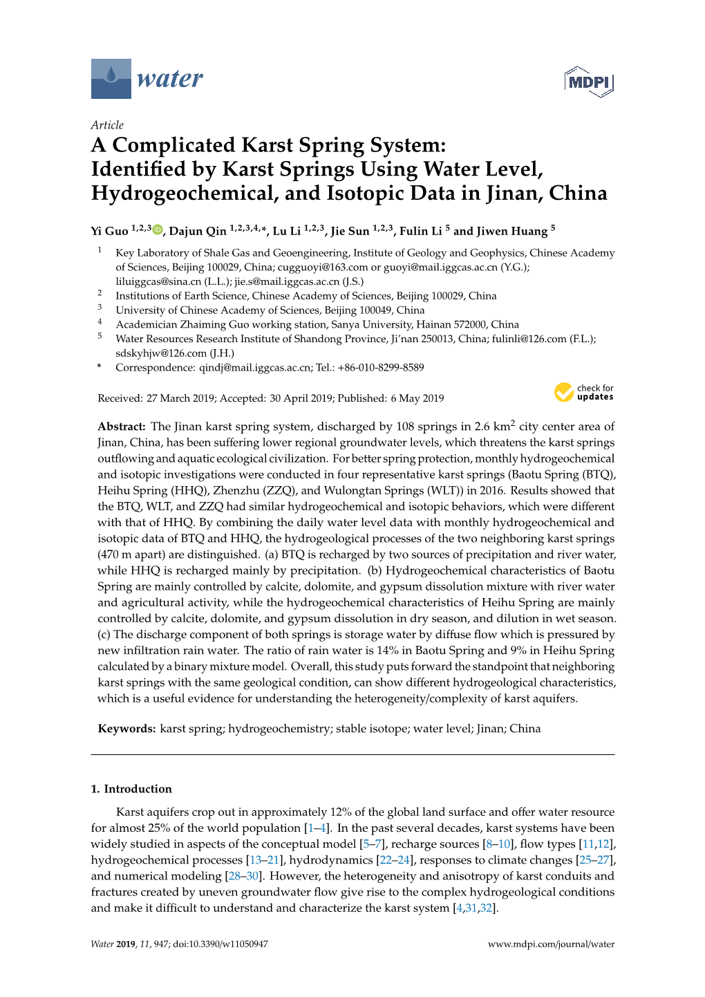 Identified by Karst Springs Using Water Level, Hydrogeochemical