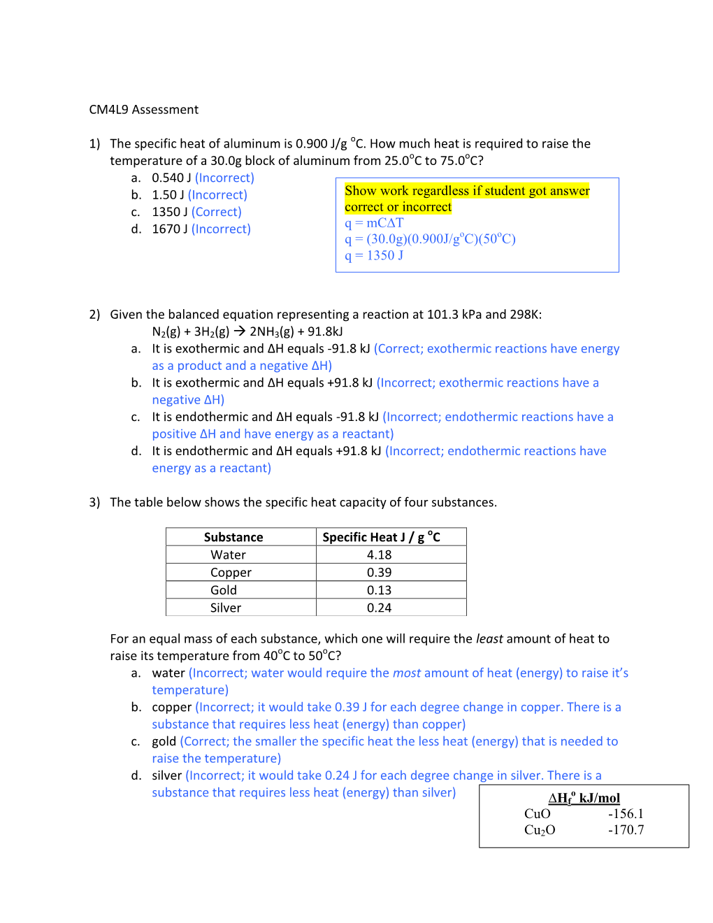 CM4L9 Assessment 1) the Specific Heat of Aluminum Is 0.900 J/G Oc