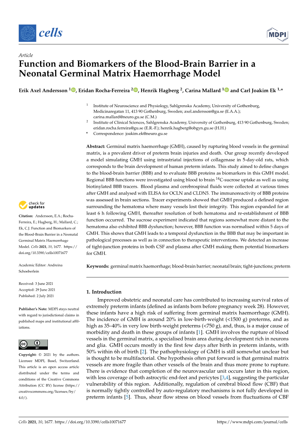 Function and Biomarkers of the Blood-Brain Barrier in a Neonatal Germinal Matrix Haemorrhage Model